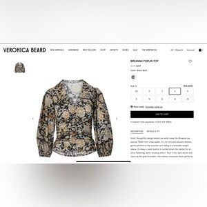 Veronica Beard Breanna  Black Multi Floral Ruched CO-Poplin Blouse, US 4, NWOT